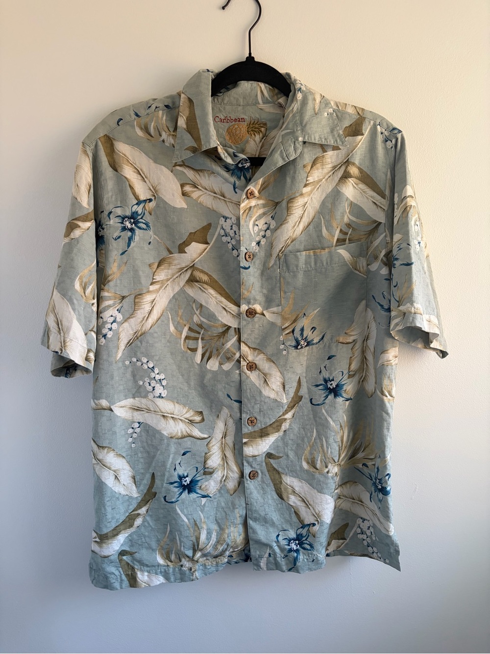 Caribbean Silk/Cotton Sage Green Floral Short-Sleeve Button-Down Shirt